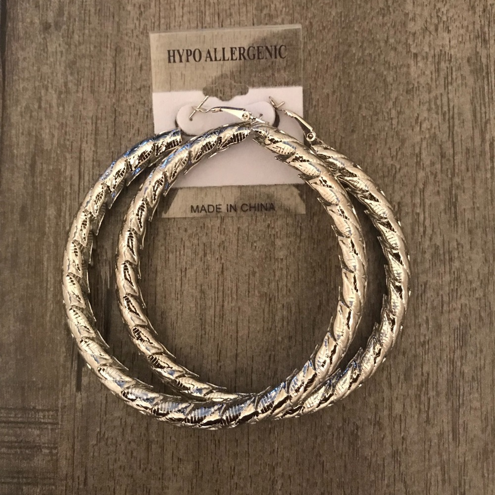 Big Bamboo Hoop Earrings Silver Tone 3 Inch